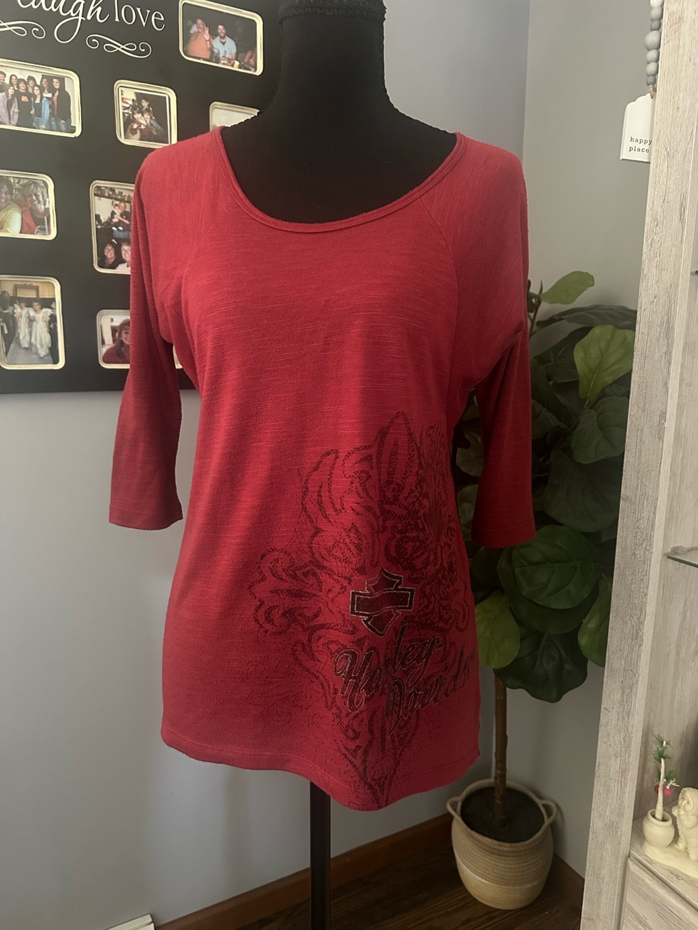 Harley-Davidson Red Scoop Neck 3/4 Sleeve Top